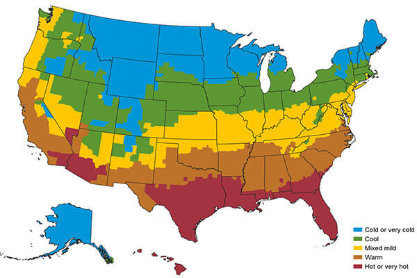 Different climate zones in the USA